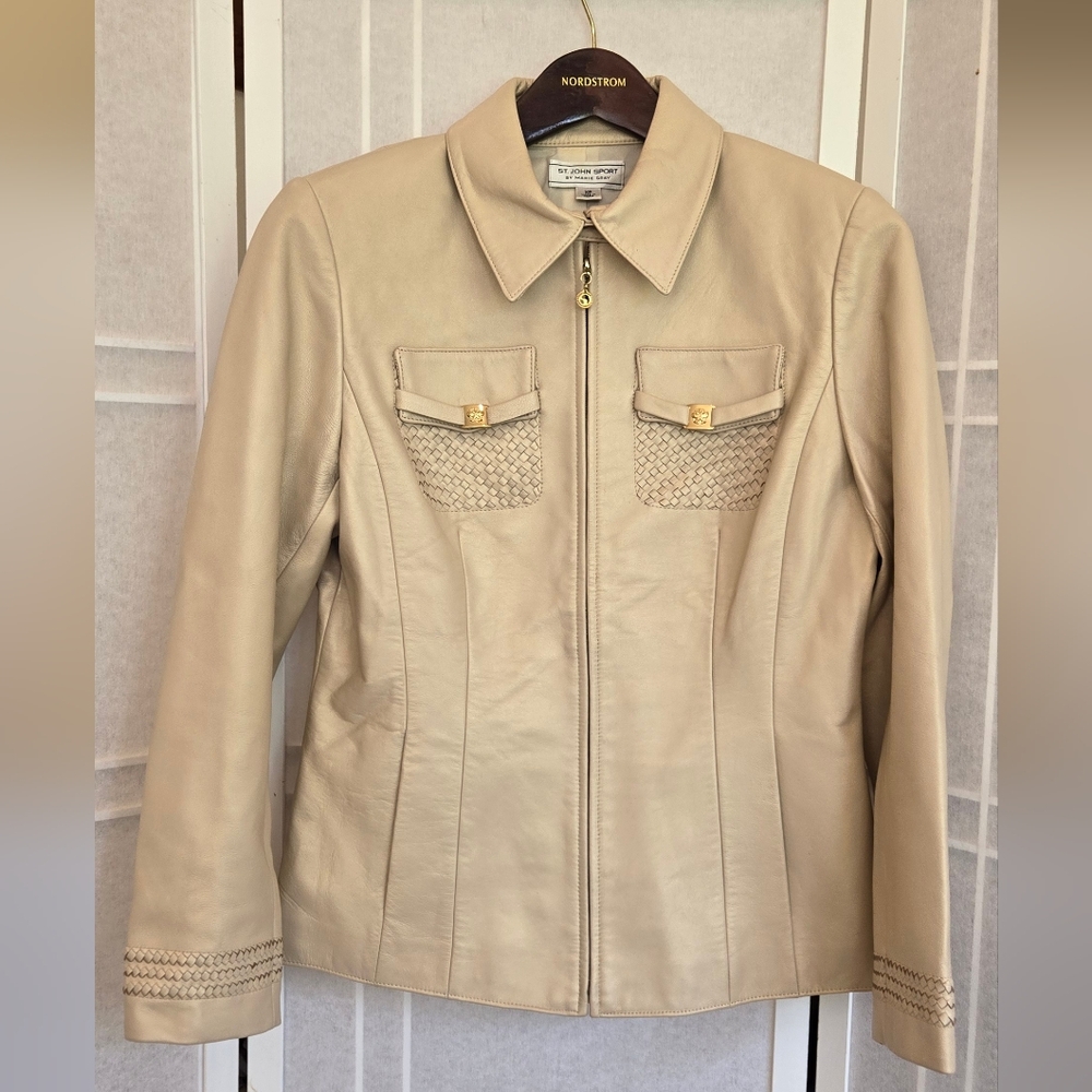 St. John Beige Leather Jacket with Gold Details